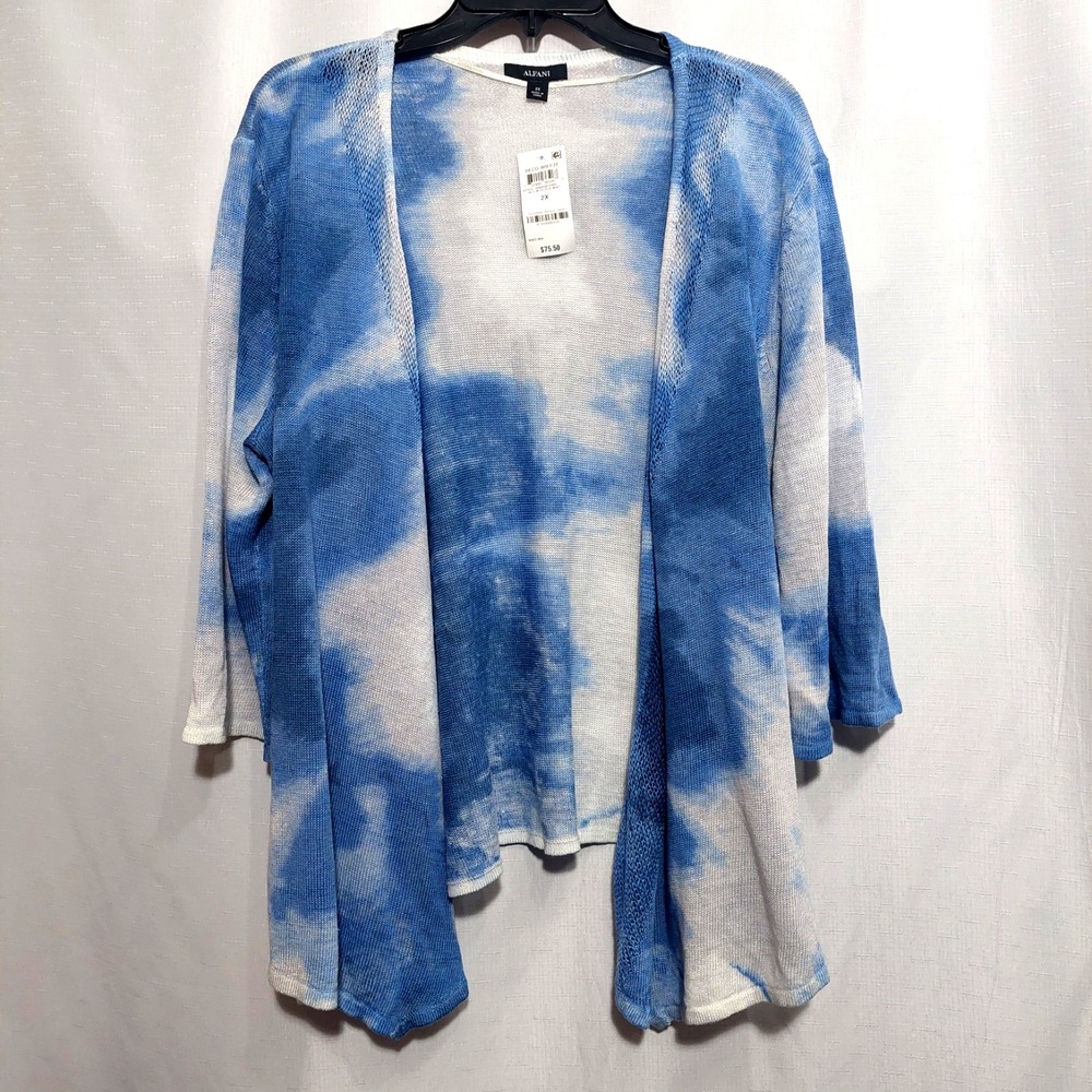 Alfani Womens 2X Linen Blend Blue White Textured Cardigan Sweater Open Front NEW